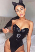 Black patent leather bodysuit with sweetheart neckline and corset design